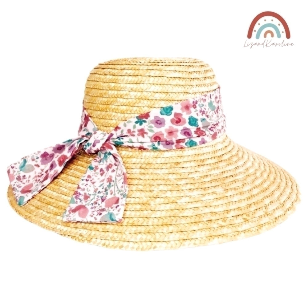 New! Cloche Wheat Straw Pink Floral Ribbon Bow Large Beach Cottagecore Straw Hat - Picture 4 of 9
